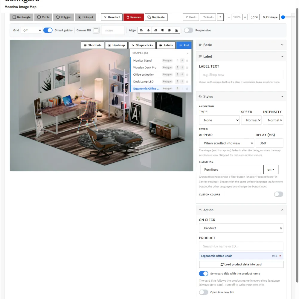 The visual editor with drawing tools and the shape inspector