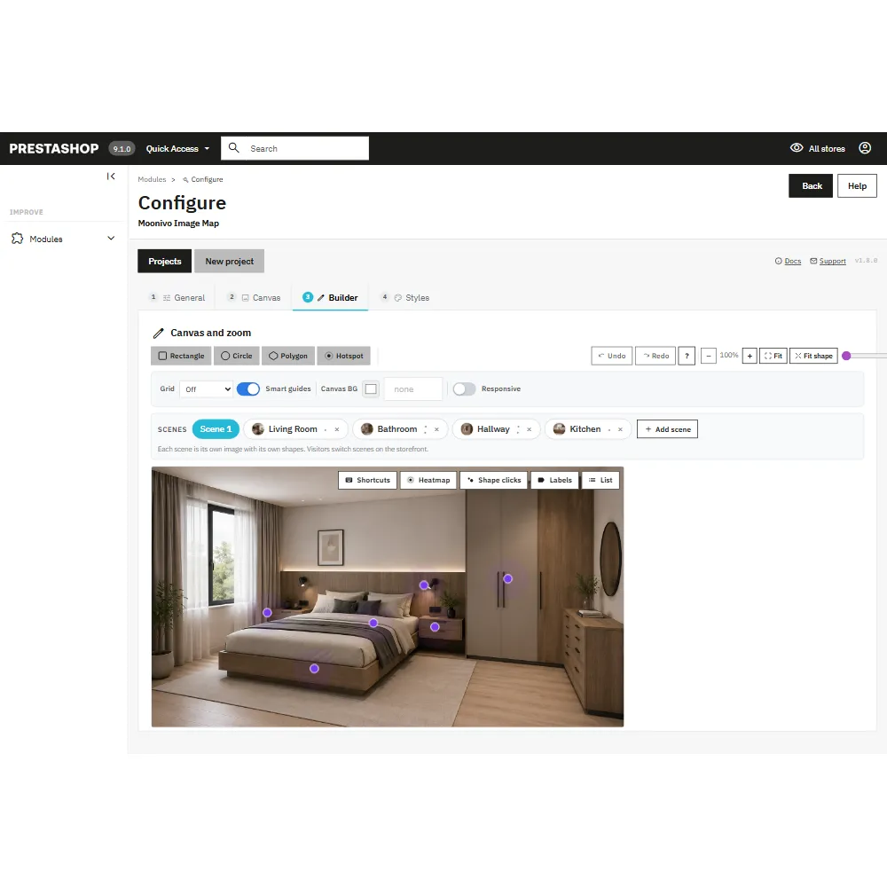 The scene strip above the canvas in the Builder tab