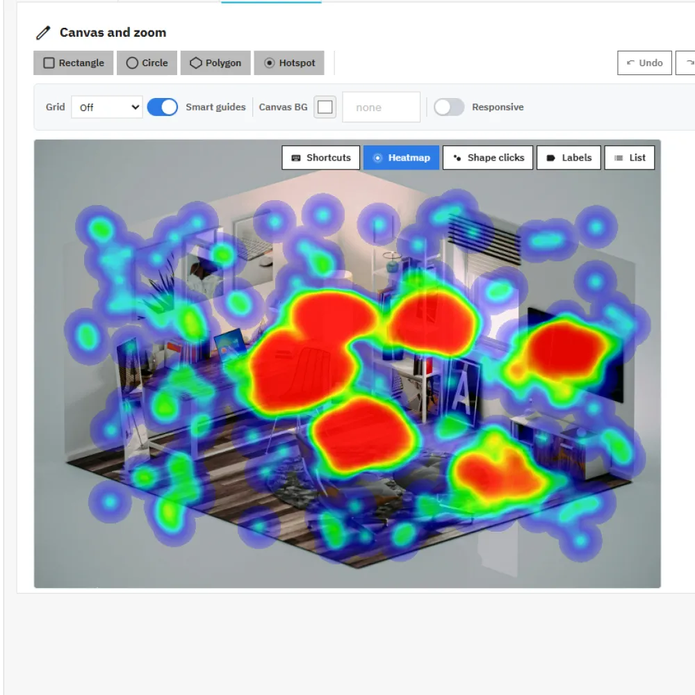 A click heatmap over a room photo