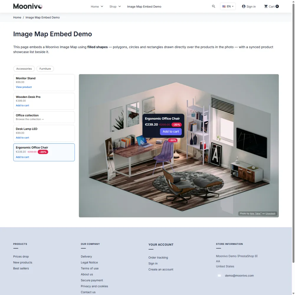 A lookbook map with filter chips and a synced product list