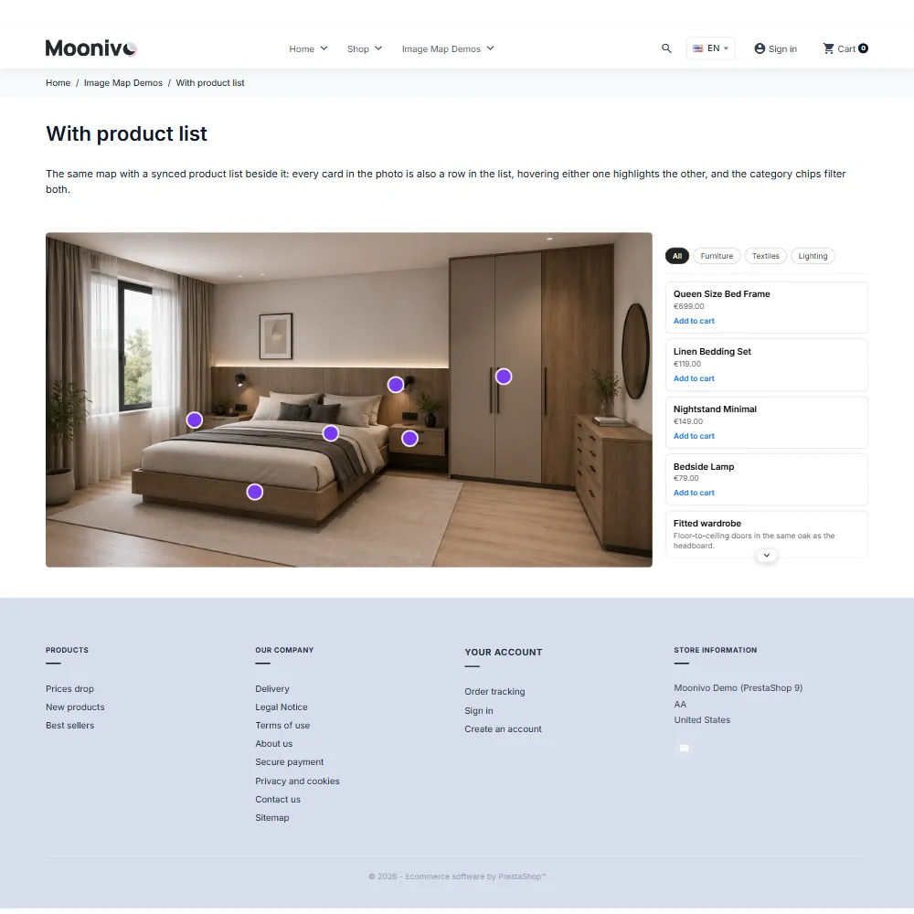 A room photo with a synced product list on the right