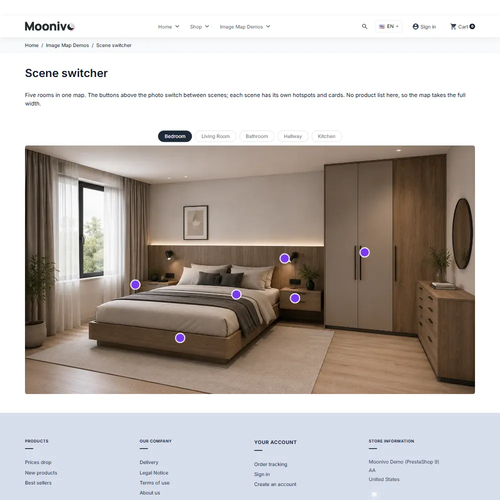 A bedroom photo with a tab bar to switch rooms