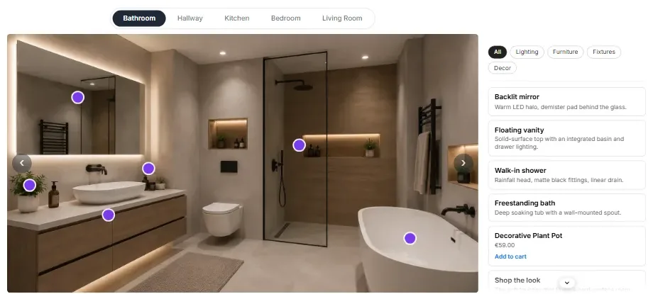 A bathroom scene with room tabs above, hotspots on the fittings and a filtered product list beside it