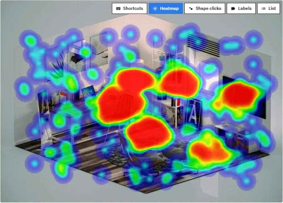 A click heatmap over a room photo in the editor, hottest on the chair, desk and shelves