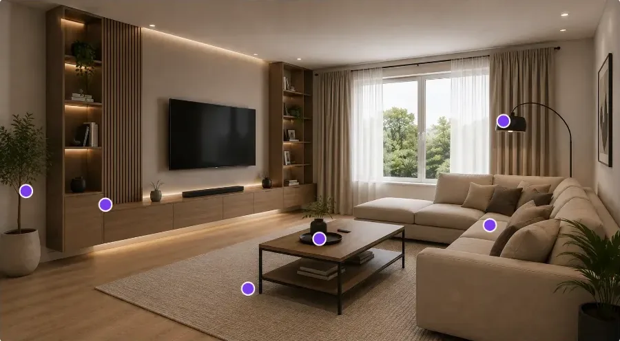 A living room photo with hotspots on the shelving, coffee table, rug, sofa and floor lamp