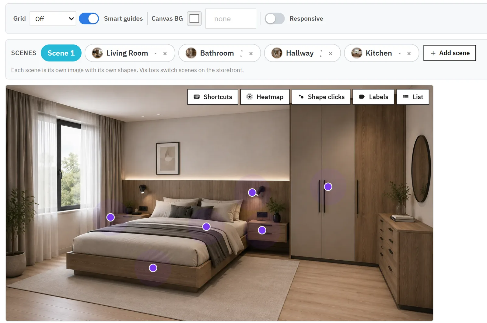 The editor in the PrestaShop back office: scenes, the drawing canvas and heatmap tools