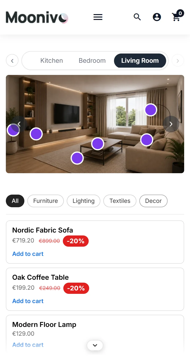 The same map on a phone, with room tabs, category filters and a synced product list
