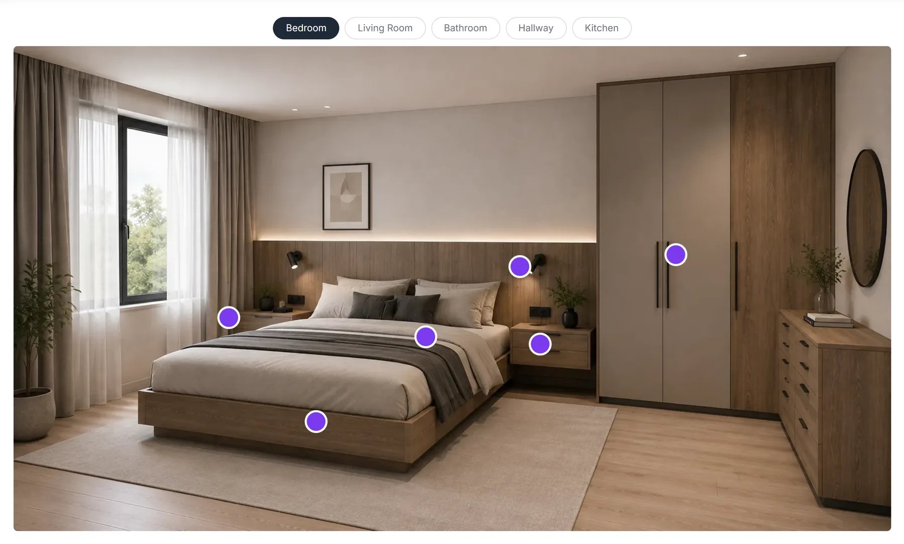 A bedroom photo with clickable hotspots and a tab bar to switch between five rooms