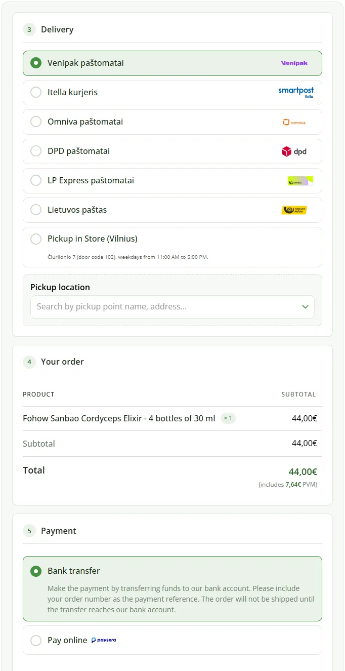 Checkout with parcel lockers from five carriers, pickup in Vilnius and Paysera online payment