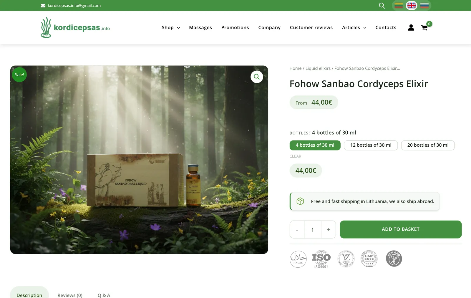 Product page with pack sizes as buttons, the sale price and quality certificates