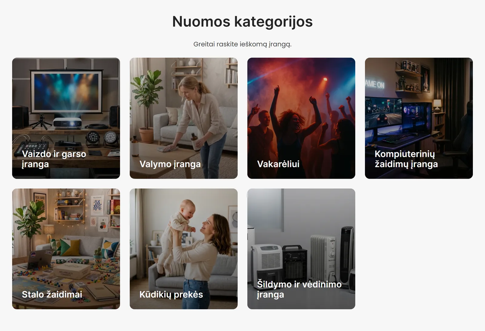 Seven rental categories with their own photos: AV equipment, cleaning, parties, gaming, board games, baby goods, heating