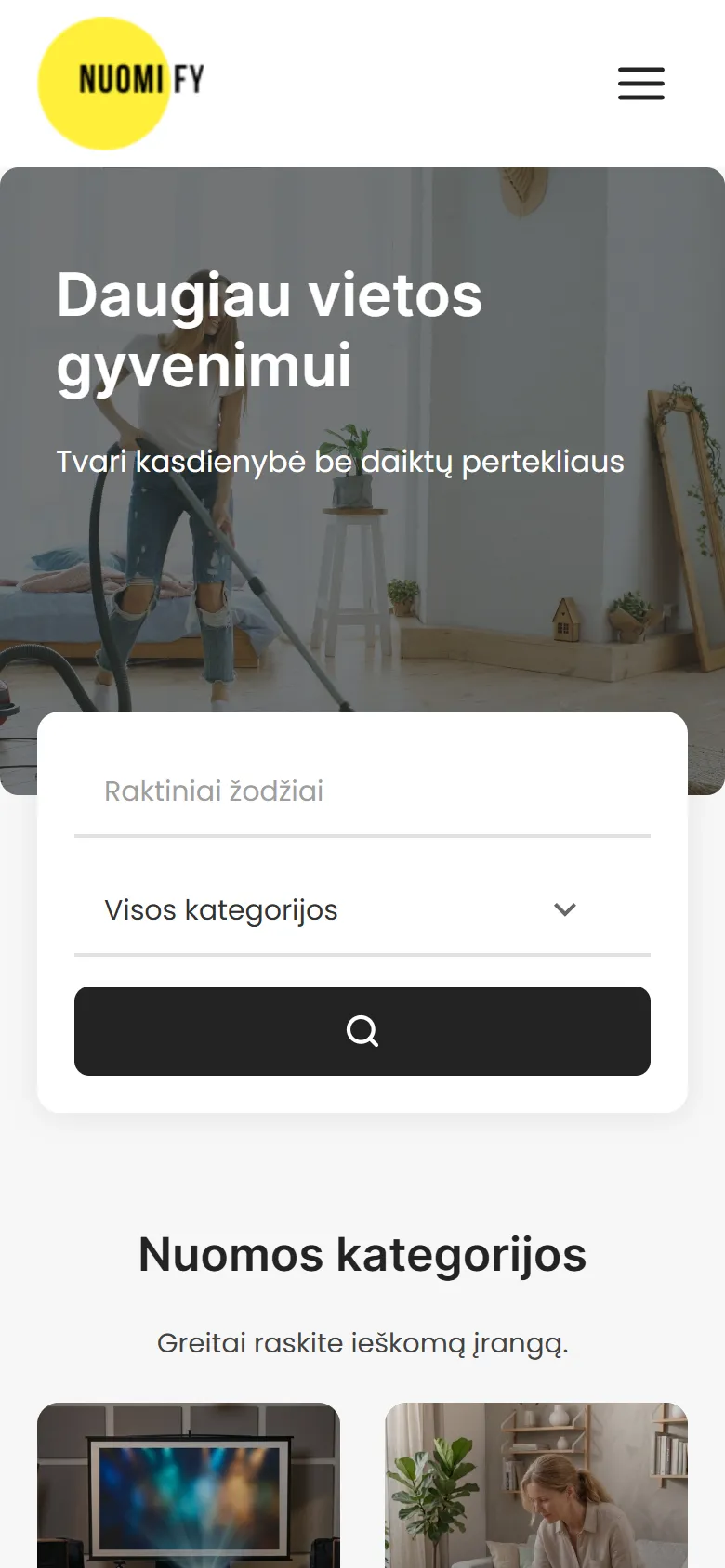 The home page on a phone, with search by keyword and category