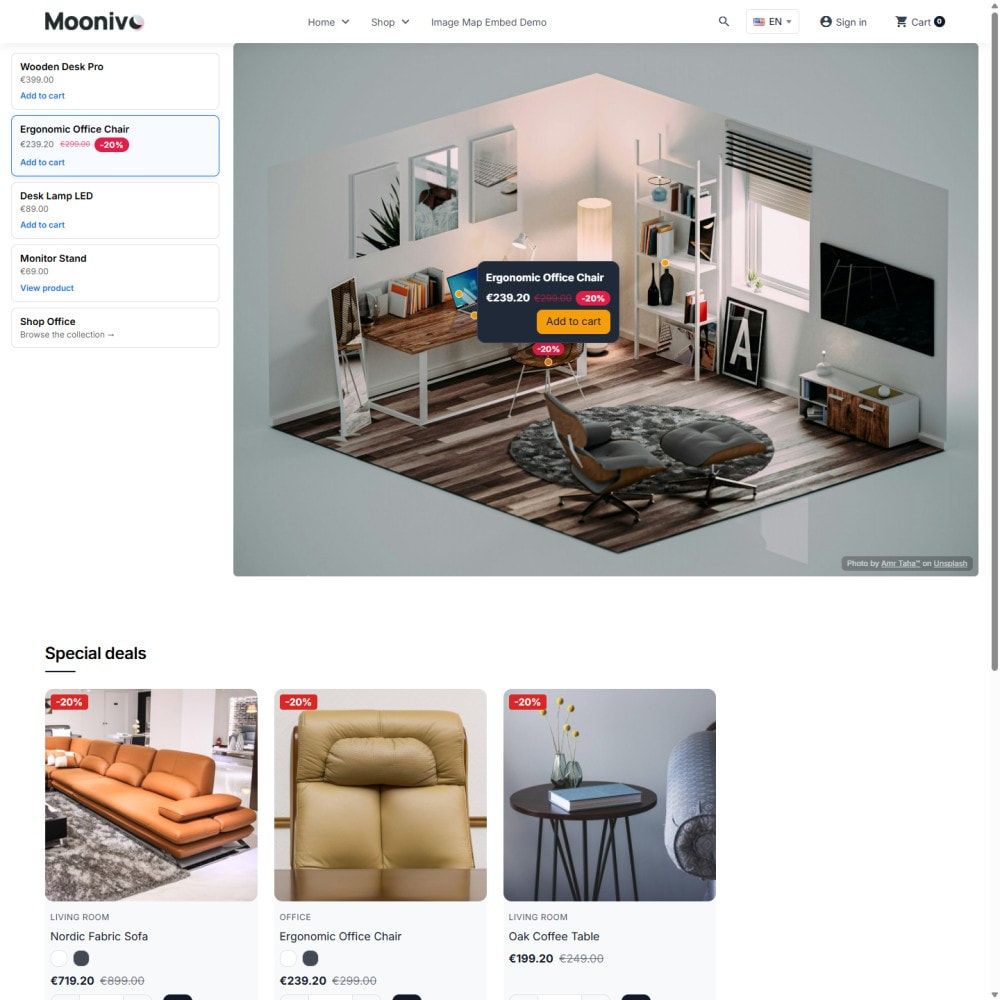 Screenshot of the Moonivo Image Map module displaying shoppable hotspots on a furnished room photo